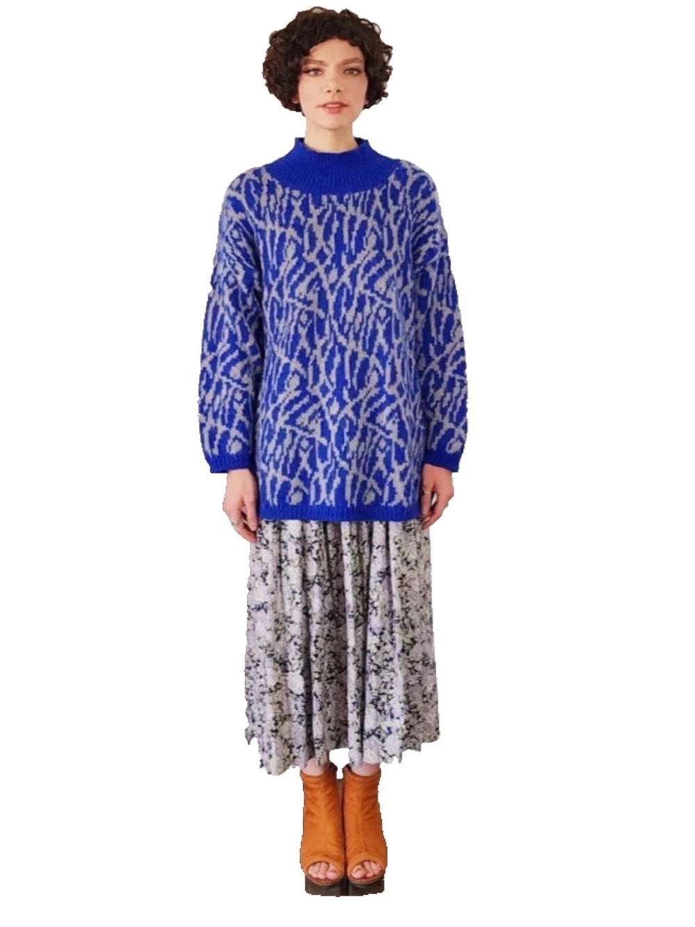 Benetton Blue & Gray Mohair Blend Mockneck Boxy Pullover Sweater Italy Size LG - Picture 11 of 12